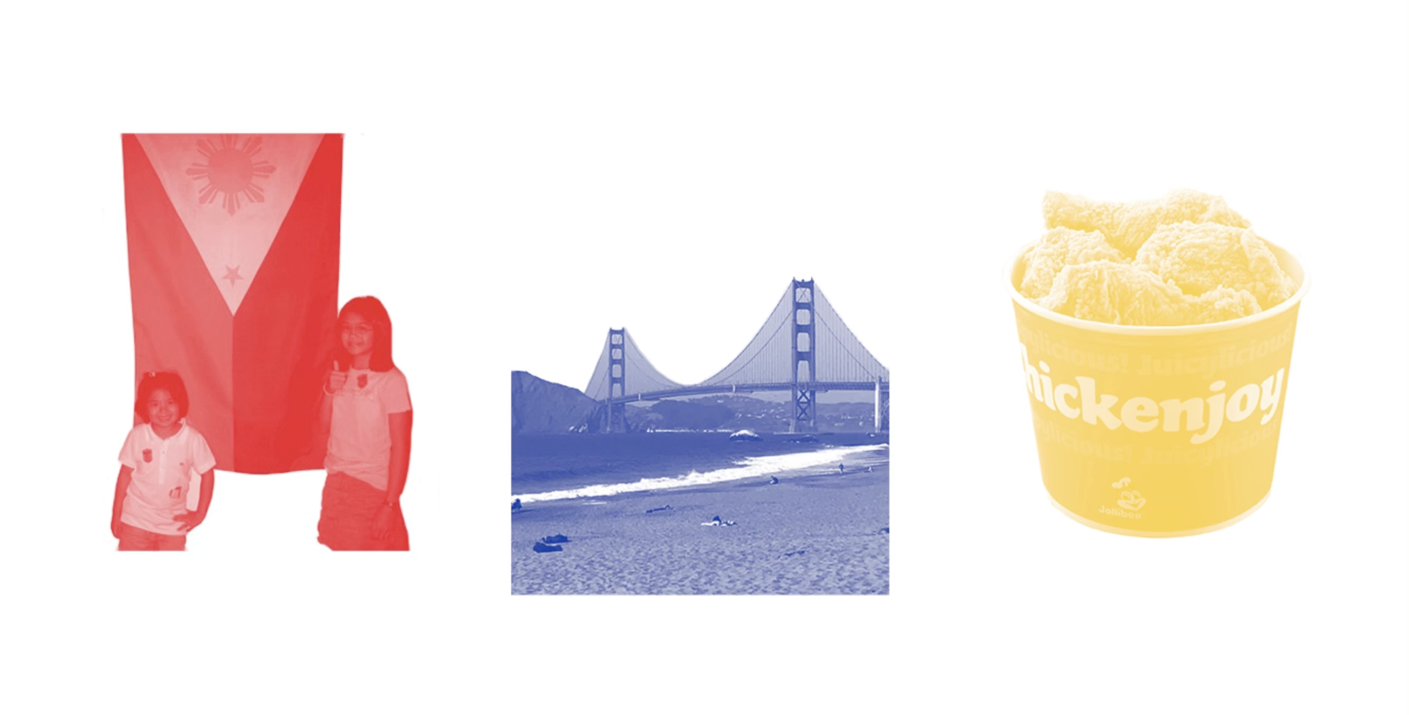 A screenshot of a red, blue, and yellow GIF displaying two girls, the Golden Gate Bridge, and a bucket of chicken.