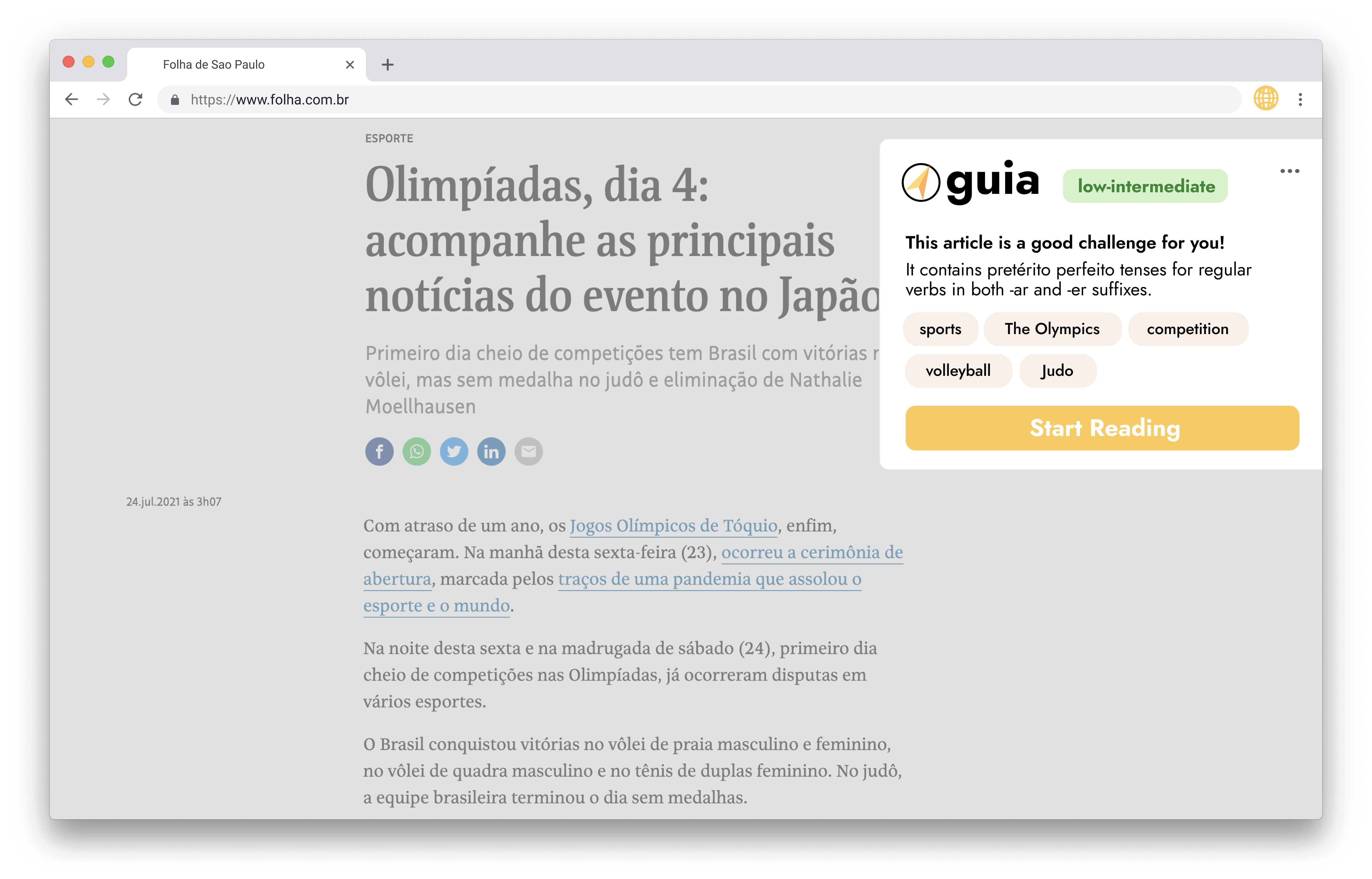 A pop-up window indicating that a Portuguese article is at the appropriate difficulty and interest level for this student.