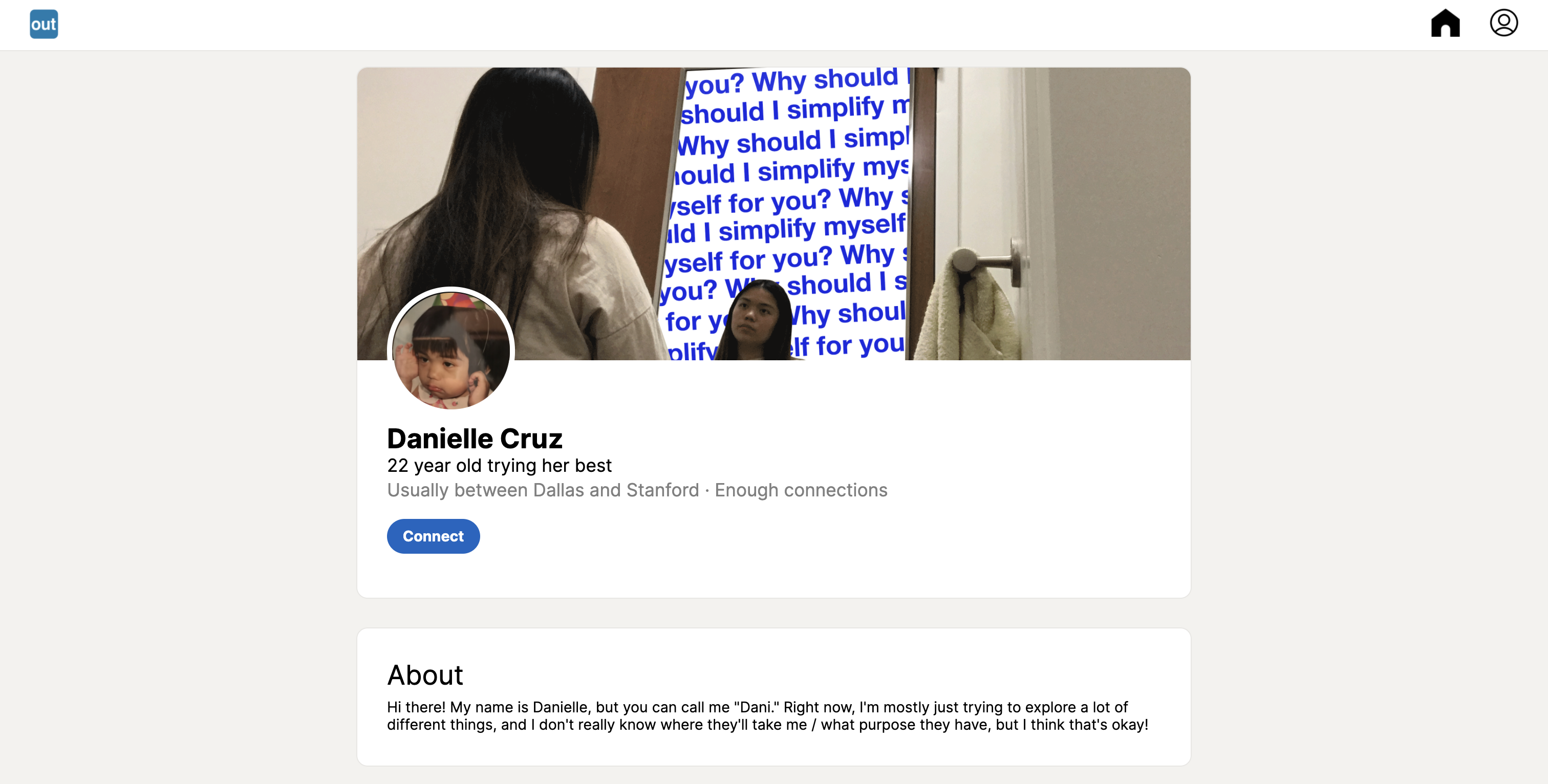 An interface designed to resemble LinkedIn with a cover photo of a woman staring at herself in a mirror.