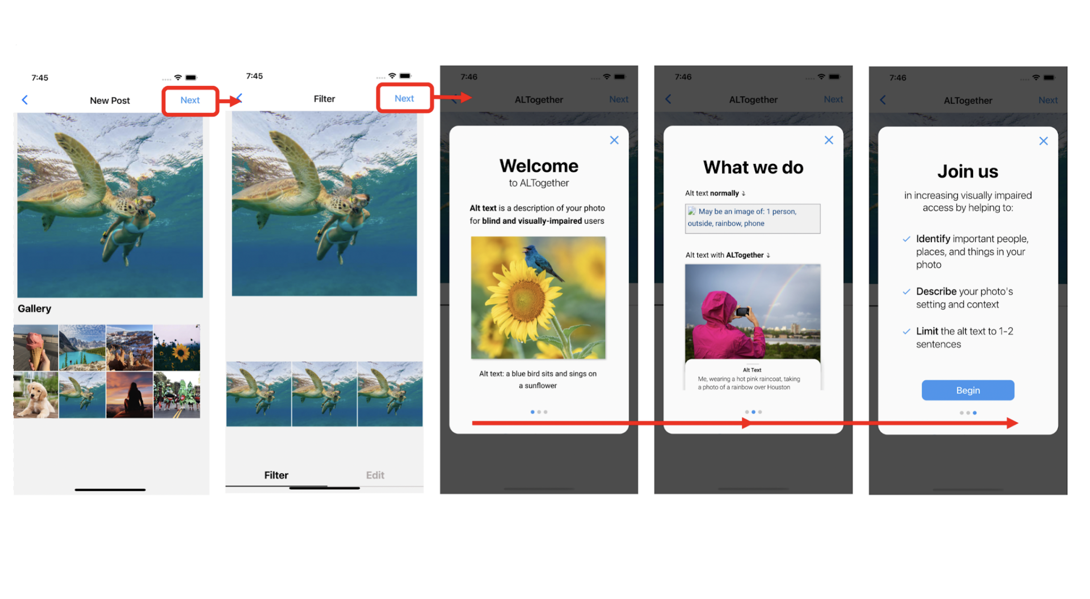 Wireframes from a medium-fidelity prototype where a user gets an introduction to alt text while posting a photo of a sea turtle.