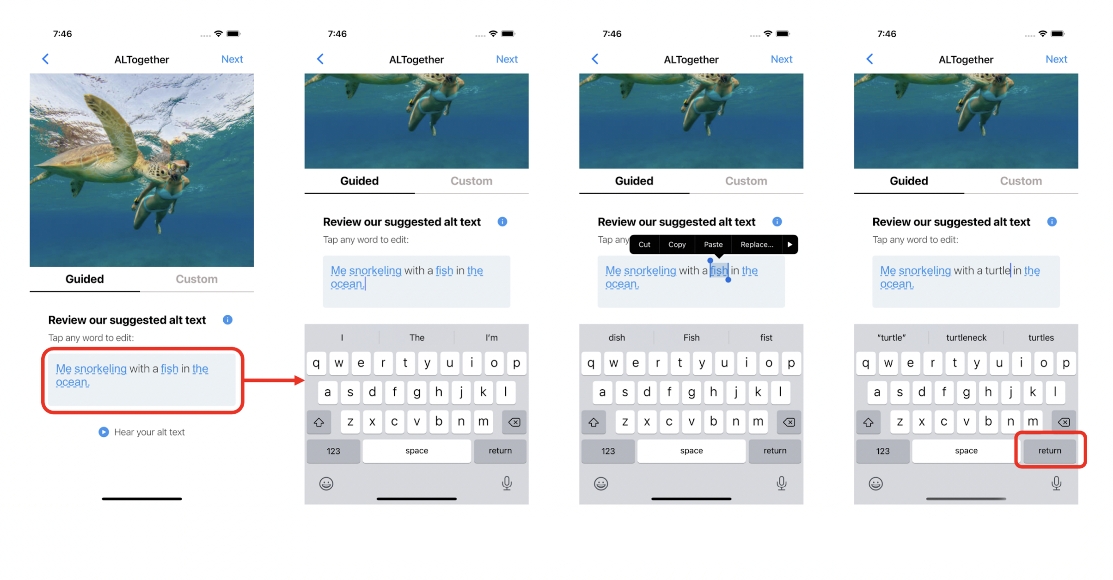 Wireframes from a medium-fidelity prototype where a user modifies an alt text to indicate the photo is of a sea turtle, not a fish.