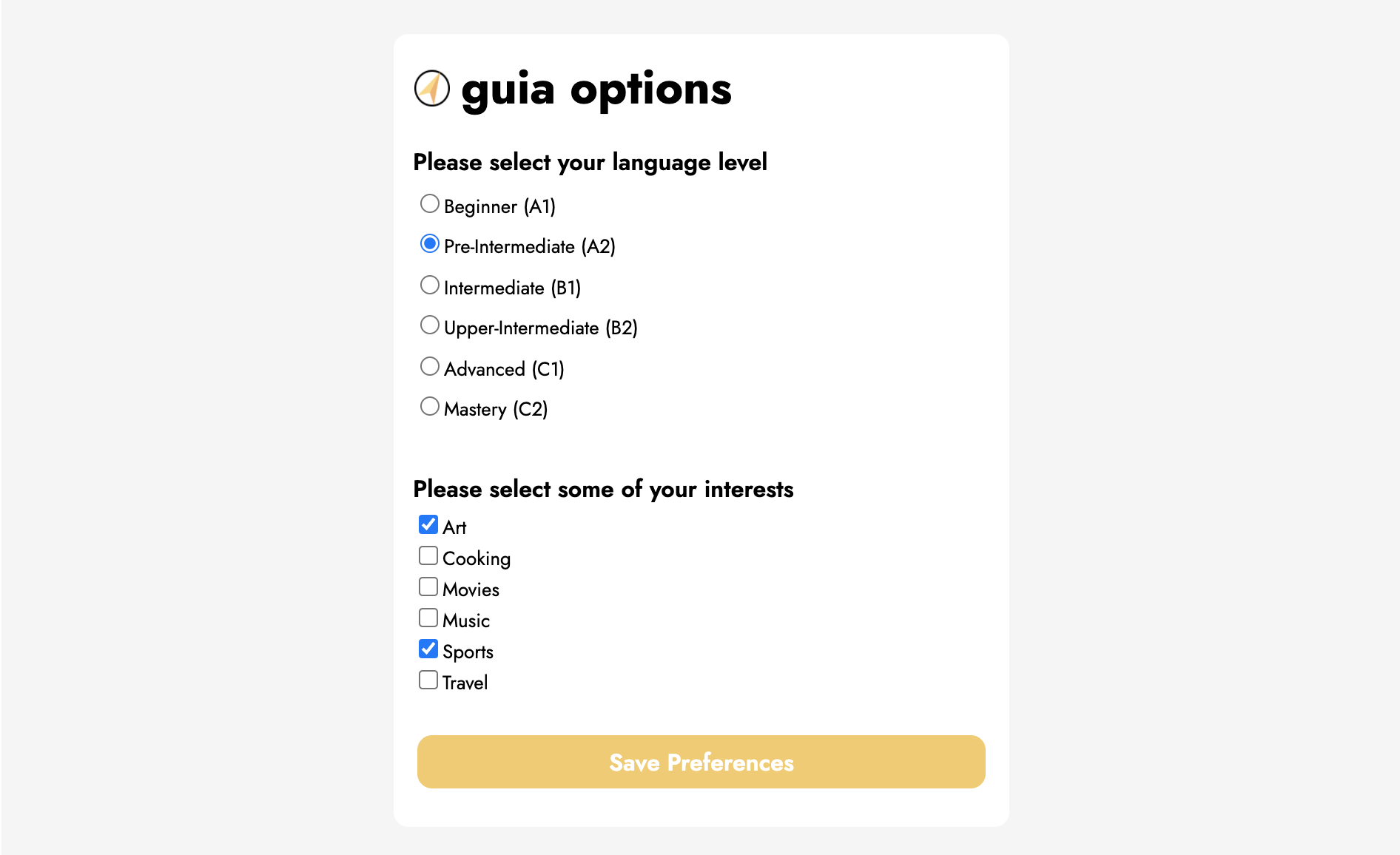 A form asking the user to select their language level and some interests like art, sports, or travel.