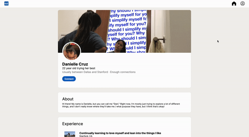 A GIF of a mouse scrolling through and interacting with an interface designed to parody LinkedIn.